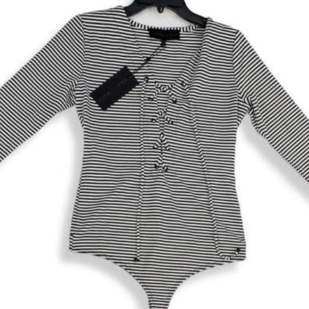 Kendall & Kylie Black Striped Plunging V- Neck Bodysuit Size Medium NWT